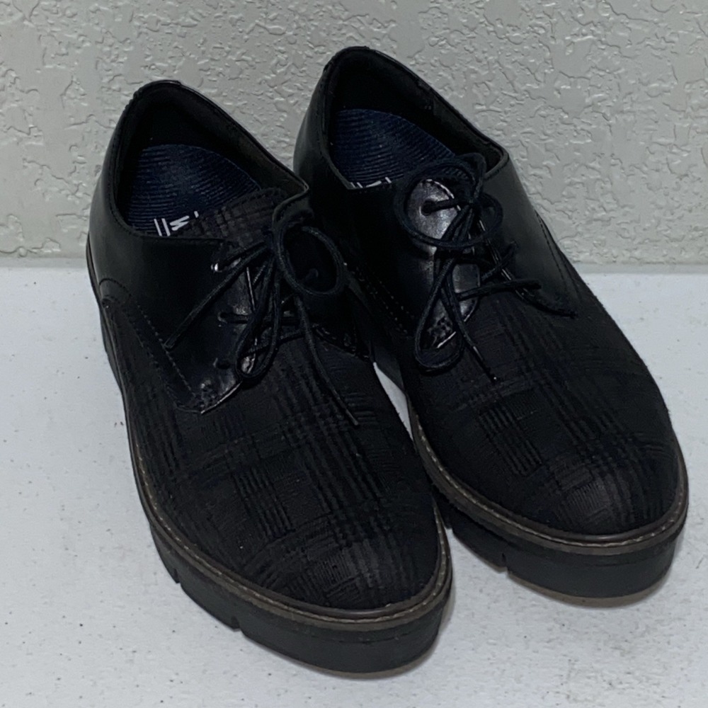 Clarks Walk Hero Black Plaid Shoes‎ Wedge Heel Oxford Comfort Support Women Sz 8